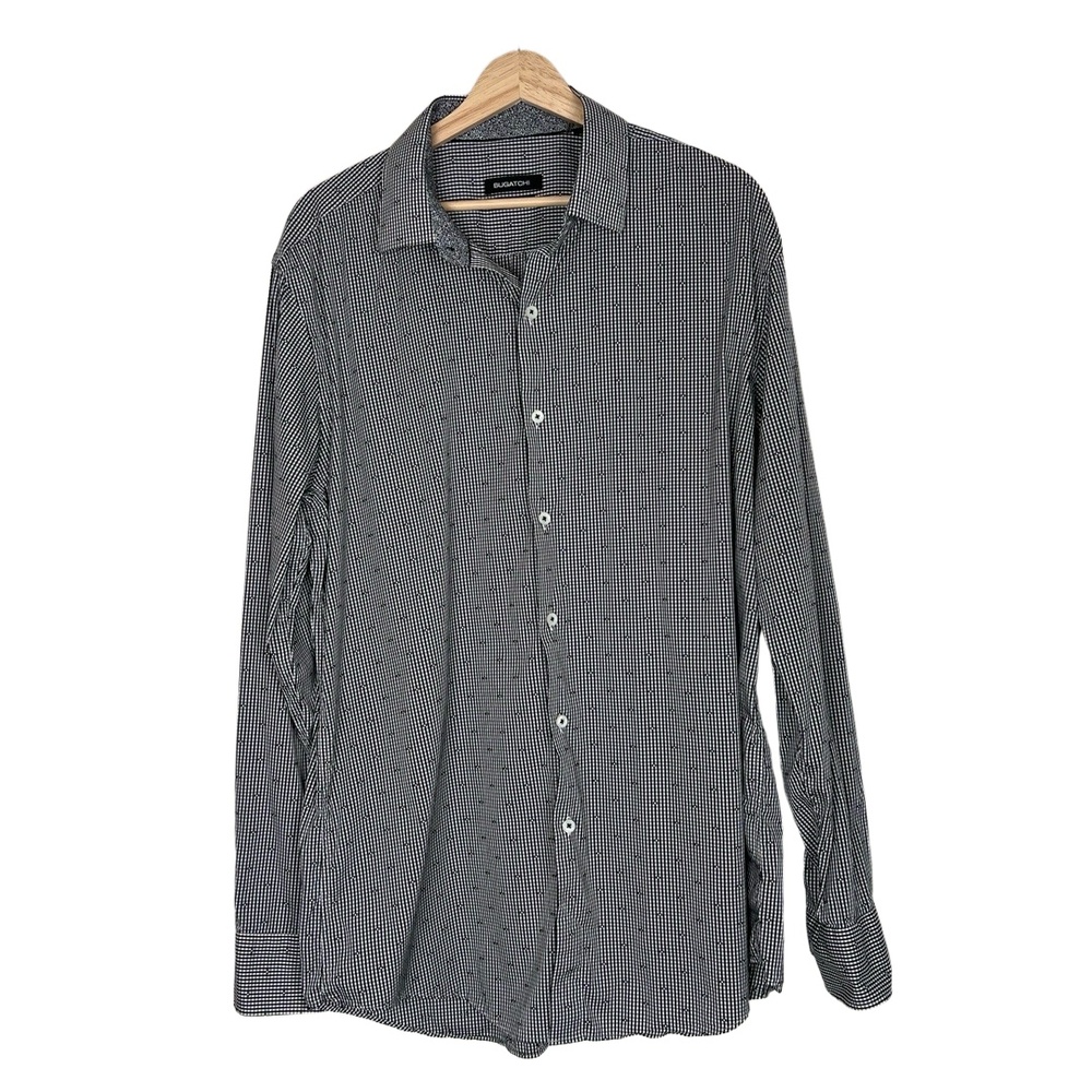 BUGATCHI Long Sleeve Button Up Shirt Mens 17.5/44 Black White Gingham Contrast